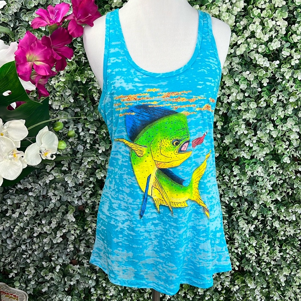 Next Level Apparel Women’s Mahi Dolphin Graphic Baby Blue Racerback Tank Top